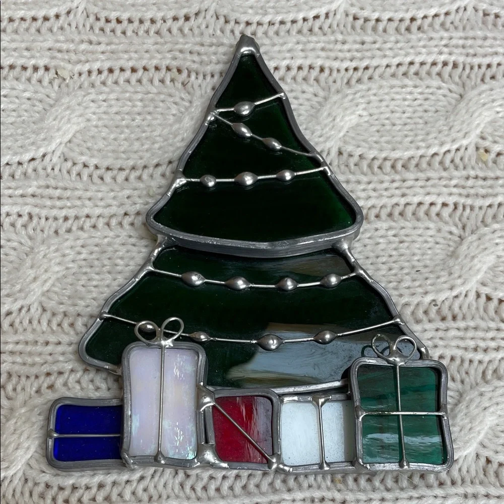 Stained Glass Christmas Tree Ornament w/ Gifts 4.75” H x 3.75” W good condition